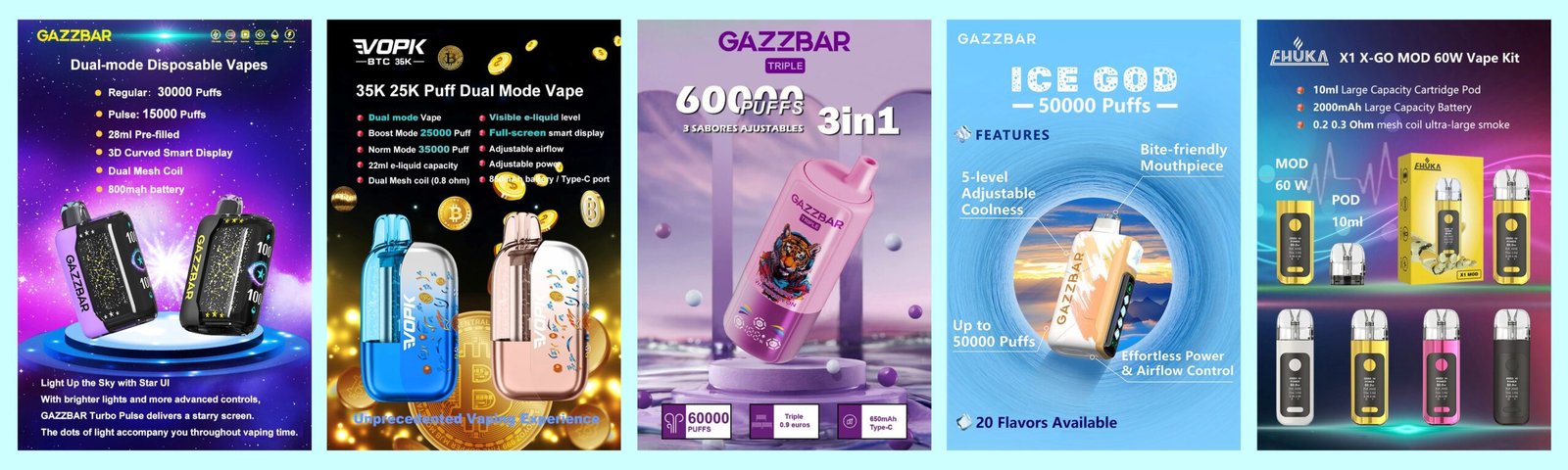 60W MOD Vape Kit, 60K puff 3-in-1, 30K puffs Dual Mode, VOPK BTC 35k, Ice God 50000 Puff